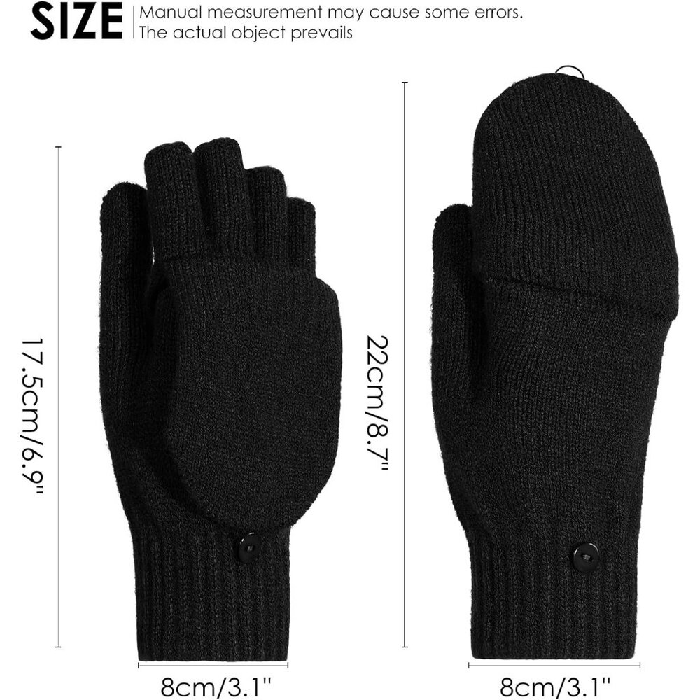 Women's Black Fashionable Windproof Fingerless Lining Mittens Flip Cover Gloves - Picture 6 of 6